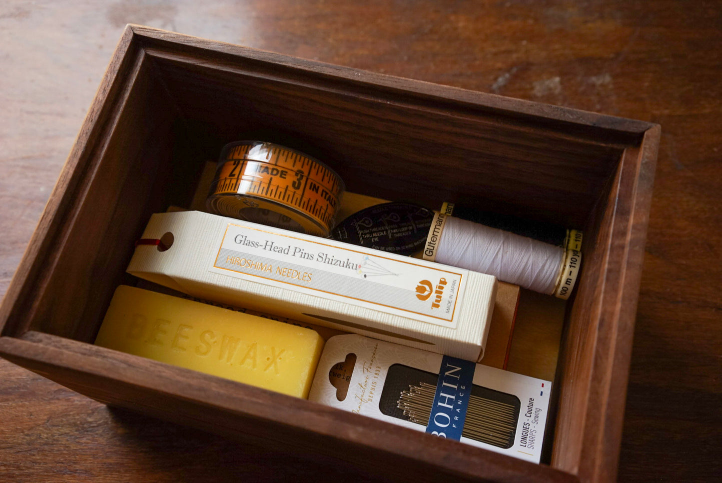 Sewing kit: BOHIN needles, Tulip pins, Studio Carta tailor's measuring tape, Gutermann thread, assorted notions